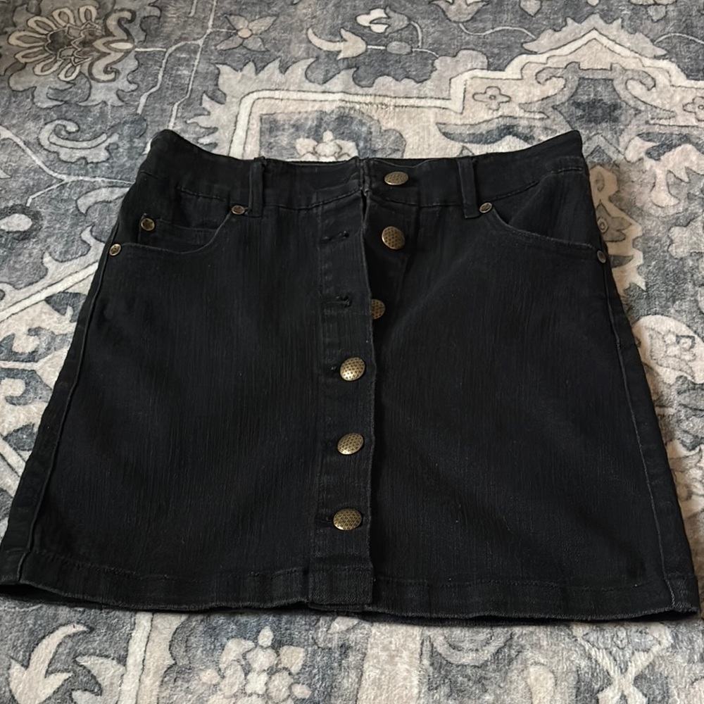 Black Button-Front Denim Skirt